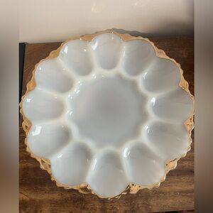 vintage Anchor Hocking Fire-King milk glass deviled egg plate with 22k gold trim